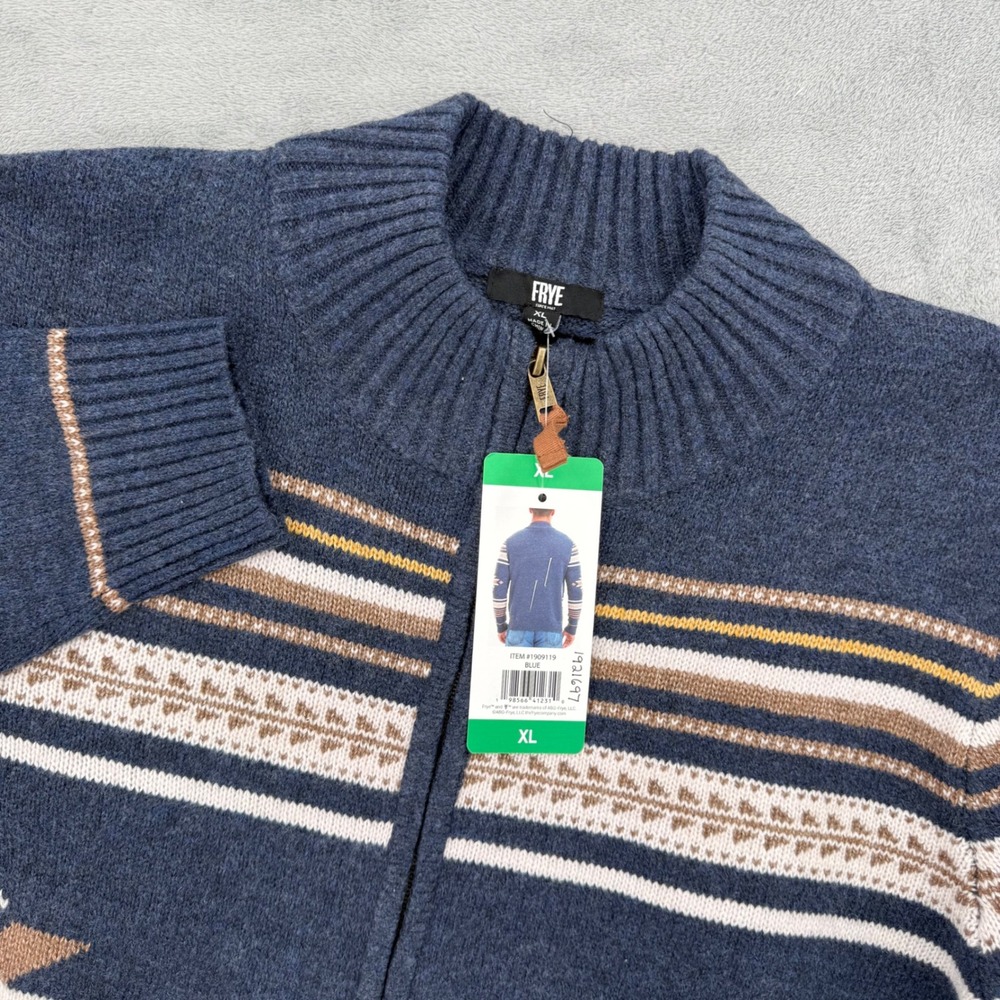 Frye Mens Full Zip Sweater Blue Southwestern Geometric Knit Cardigan Size XL
